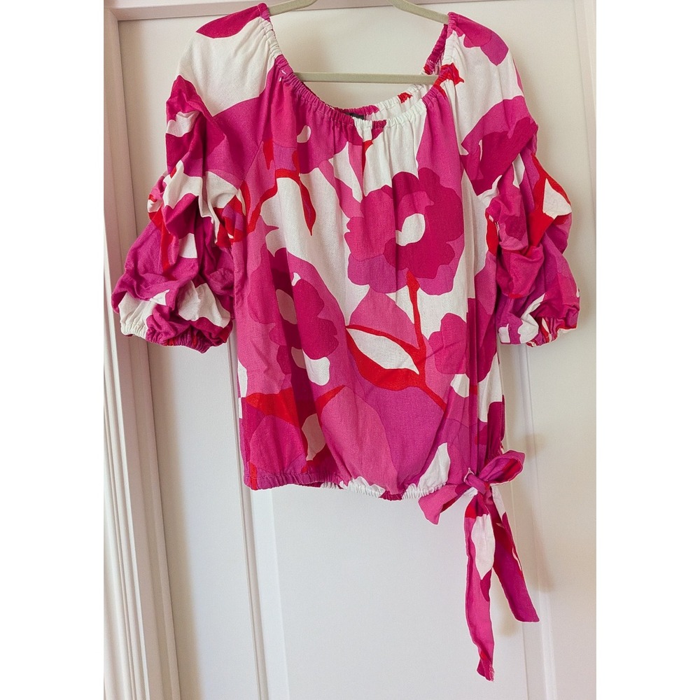 Vince Camuto Off The Shoulder Top Bubble Sleeve Front Tie Floral Pink White L